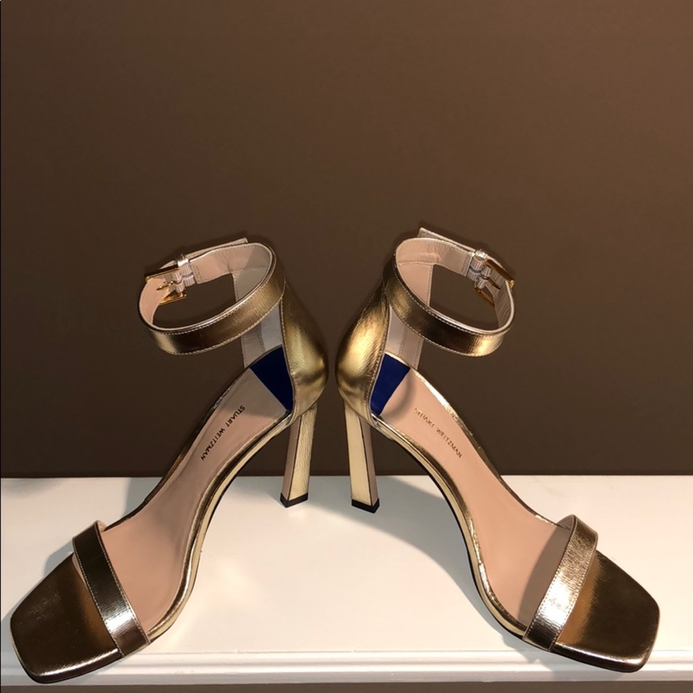 Stuart Weitzman 100 square nudist heels in gold